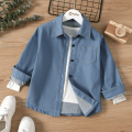Cotton Lapel Collar Button Design Long-sleeve Denim Shirt For Kids. 