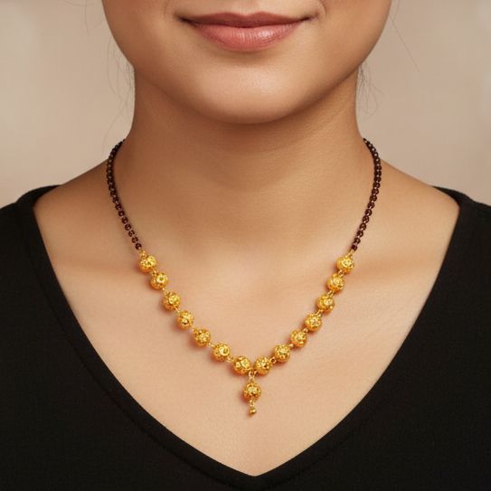 Gold Plated Ball Mangalsutra With Black Beads Lari Mangalsutra For Women | 50cm Long Ball Haar Gold Looking Mangalsutra Gold Design Mangalsutra Gold Polished Mangalsutra For Married Women Indian Mangalsutra Simple Design mangalsutra Ball Loop Mangalsutra