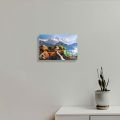 Single Panel Village Painting With Mountain Trekkers Walking On Bridge | Small Medium Large. 