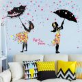 Silhouette Girl In Floral Dress Holding Umbrella Wall Sticker. 