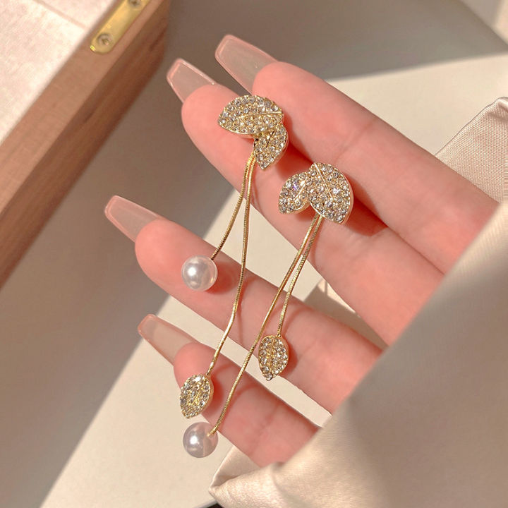 Long Full Diamond Leaf Earrings for Women One Style for Dual-Wear Tassle Fashion Diamond-Embedded Graceful Earrings High-Grade Earrings