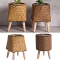 Imitation Rattan Woven Flower Shelf Planters Handmade Storage Basket With Removable Wooden Legs Plant Pot Stand Holder. 