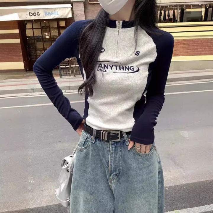 40%20count%20cotton%20thread,%2095%20cotton%205%20spandex%20long%20sleeve%20T-shirt,%20women's%20autumn%20slim%20design,%20zipper%20short%20shoulder%20top%20-%20Image%205