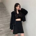 2023 New Spring and Autumn Korean Style Short Thin Sweater Women's Zipper Cardigan Jacket Solid Color Hooded Long-sleeved Top Trendy. 