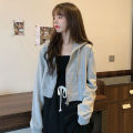 2023 New Spring and Autumn Korean Style Short Thin Sweater Women's Zipper Cardigan Jacket Solid Color Hooded Long-sleeved Top Trendy. 