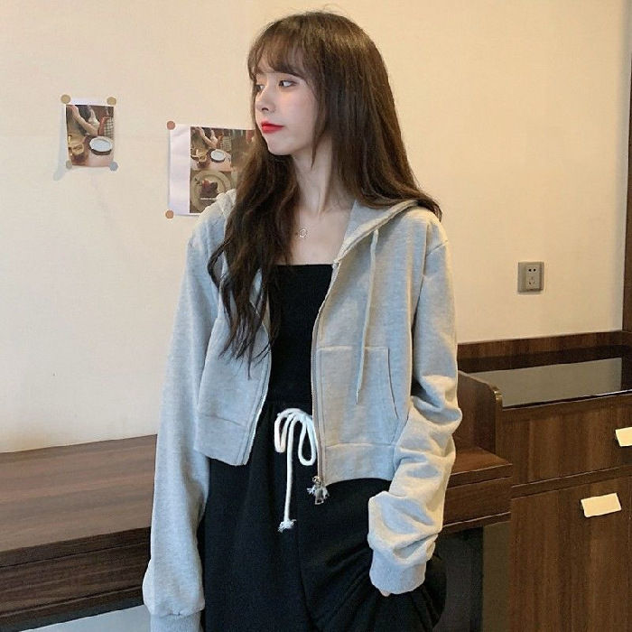 2023 New Spring and Autumn Korean Style Short Thin Sweater Women's Zipper Cardigan Jacket Solid Color Hooded Long-sleeved Top Trendy