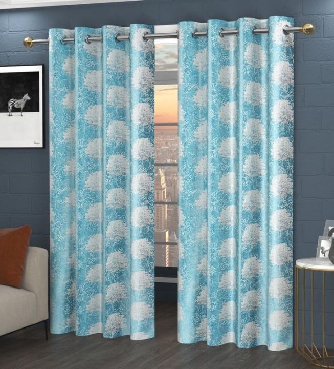 Blue Elegent Print Semi Opaque Curtain for Living Room , Bedroom ...