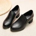 Fashion Elegant Deep Mouth Soft Leather Shoes Women Fall Spring 2026 Black Block Med Heels Pumps For Ladies Office Casual Work. 