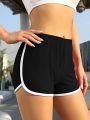 Girls Elastic Waist Contrast Binding Shorts-Black. 