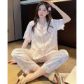 New summer ice silk sweet peach lace pajamas women's summer short sleeve trousers can be worn over the loungewear set. 