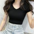 V-Neck Half Sleeve Rib T-Shirt For Women. 