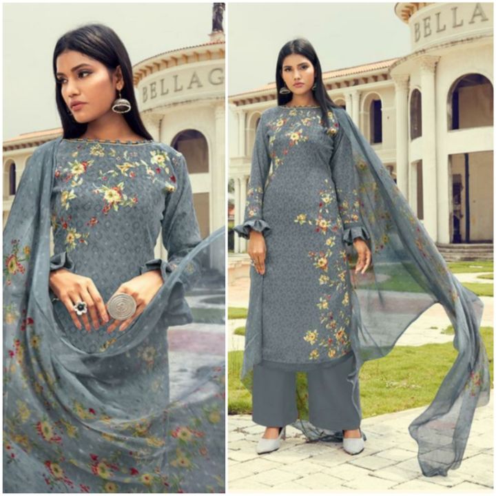 Pashmina Fabric Unstitched Kurta Surwal Piece with Chiffon Shawl For Women - Grey | Fashion Unstitched Kurtha Surwal Piece For Women