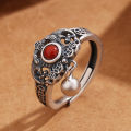 Vintage plated S990 Thai silver copper coin southern red agate ring women's openwork pattern water drop national tide live mouth index finger hand ornament. 