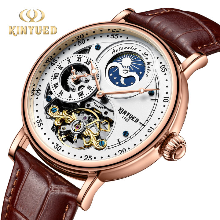 Kinyued brand fashionable luxury dual time zone moon phase leather waterproof automatic mechanical men's watch
