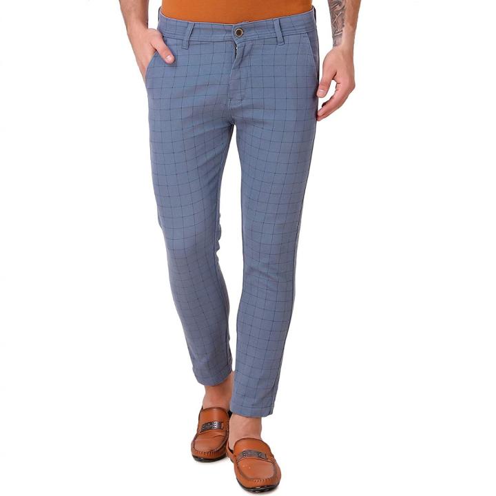 Blue Grey Stretchable Check Pants For Men
