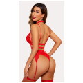 Women Lace Garter Lingerie Set with Removable Choker Teddy Babydoll Strappy Bra and Panty Set Free Size Red color (No Stockings). 
