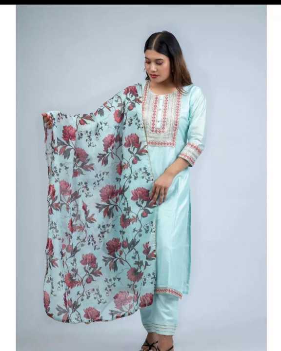 Sky Color Cotton Kurta Set With Floral Design | Daraz.com.np