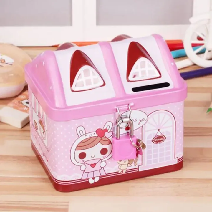 Currency Box Metal House Shape with Key Lock Creative House Coin Box ...