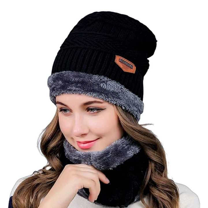 "Winter Muffler: Soft Woolen Muffler & Cap Set for Men & Women in Black"