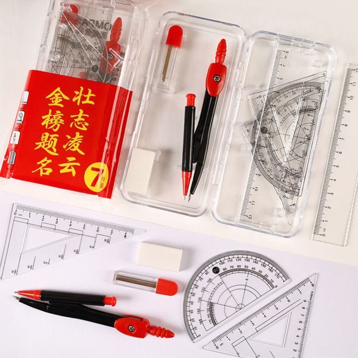 Compass And Square Ruler 7PCS/Set High Quality Plastic Ruler Compasses Set Eraser Transparent ...