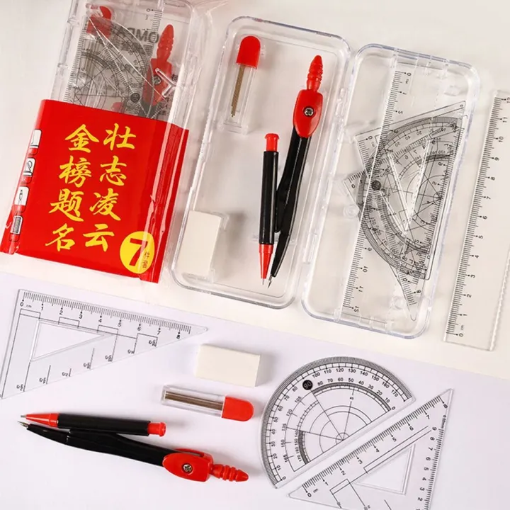 Measure Compass Ruler 7PCS/Set High Quality Plastic Ruler Compasses Set Eraser Transparent ...