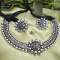 Silver Oxidized Floral Tribal Designed Choker Necklace Set by Jewels of Nepal. 