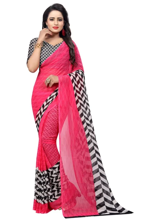 Mysa Fashions Pink/Black Screen Printed Crepe Chiffon Saree for Women