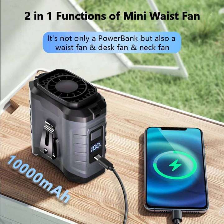 Portable%20Waist%20Hanging%20Neck%20Rechargeable%20Fan%20with%20Power%20Bank%20Digital%20Display%20for%20Sports%20Courier%20Outdoor%20Working%20-%20Image%202