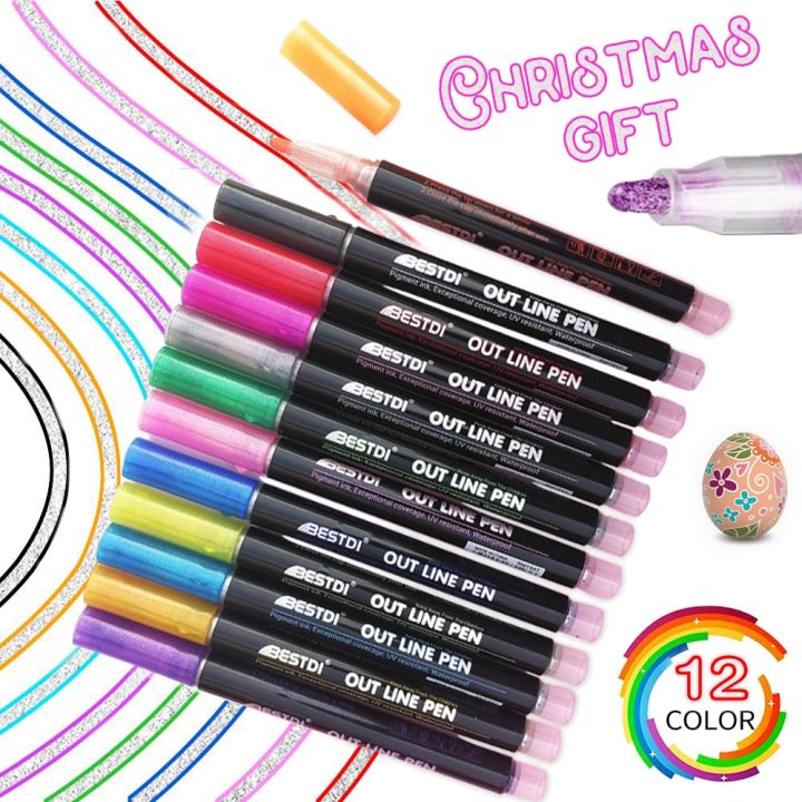 Outline Pen Marker, Multicolor Set Of 12 Glitter Shades (Pigment Ink, UV Resistant, Waterproof)
