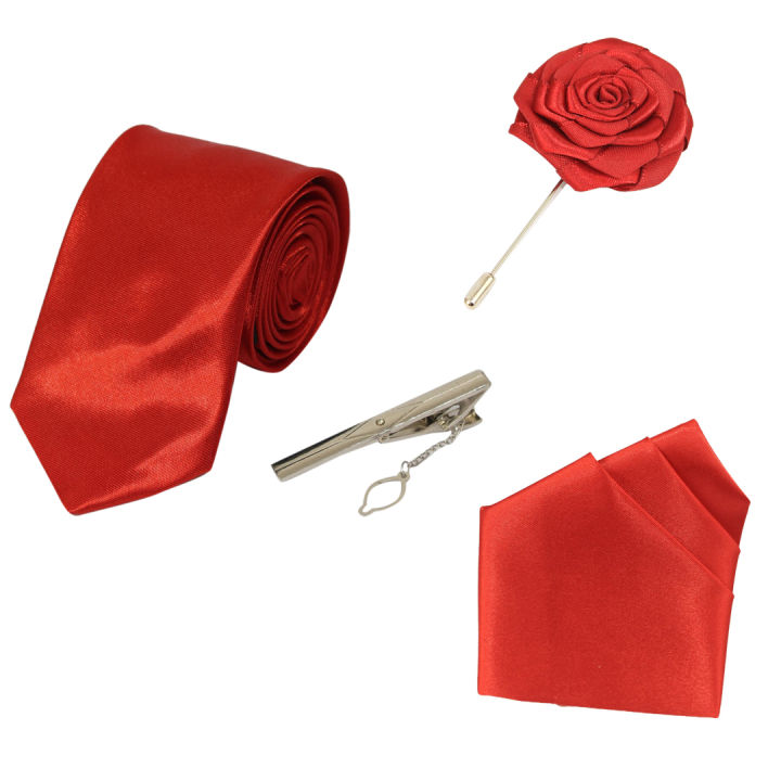 5Mm Plain Tie With Tie Pin, Coat Flower Batch & Hankey