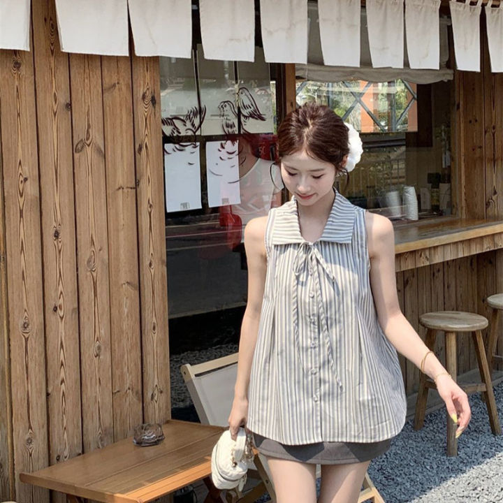 New%20Striped%20Bow%20Shirt%20For%20Women%20Summer%20Fashion%20Sleeveless%20Top%20Slimming%20Vest%20Casual%20Style%20Korean%20Version%20Shirts%20-%20Image%205