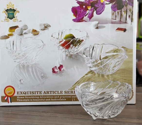 Kaida Glassware Crystalline Romance Design Glass Desert Bowl Set (Transparent) - Pack of 6 pcs