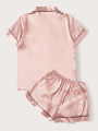 Contrast Binding Lapel Neck Pajama Set For Girls. 