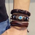 Pebbles Nepal 3 Pieces Evil Eye and Leather Inspired Bracelet for Men. 