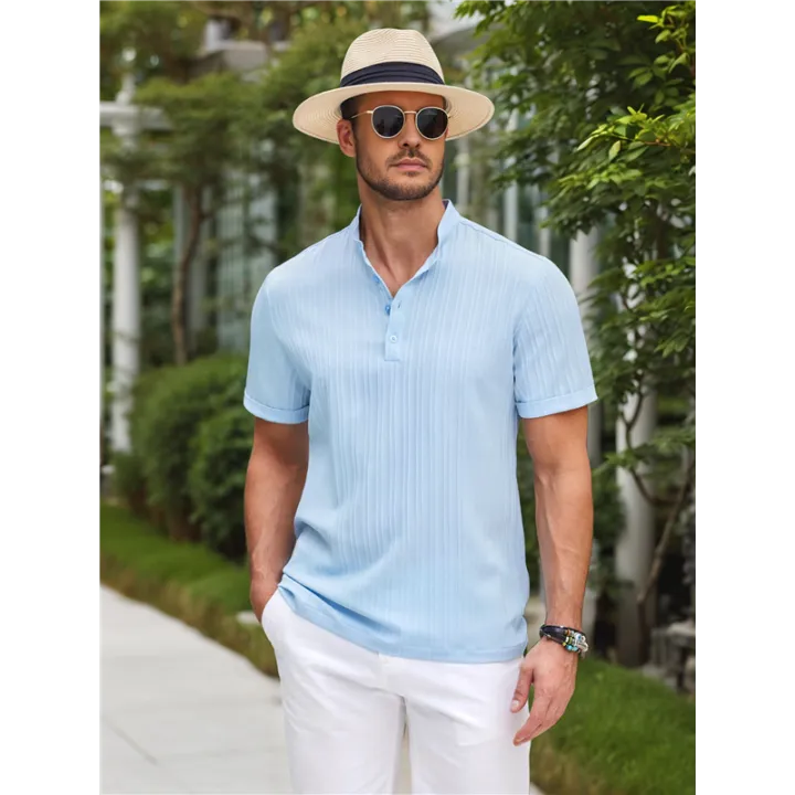 Men%20Casual%20Henley%20Tee%20Shirt%20Short%20Sleeve%20Band%20Collar%20Summer%20Beach%20Textured%20T-Shirt%20-%20Image%205