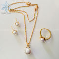 Gold Plated Panchadhatu White Pearl Jewellery Set With 2 Earrings, 1 Ring And Necklace For Women. 