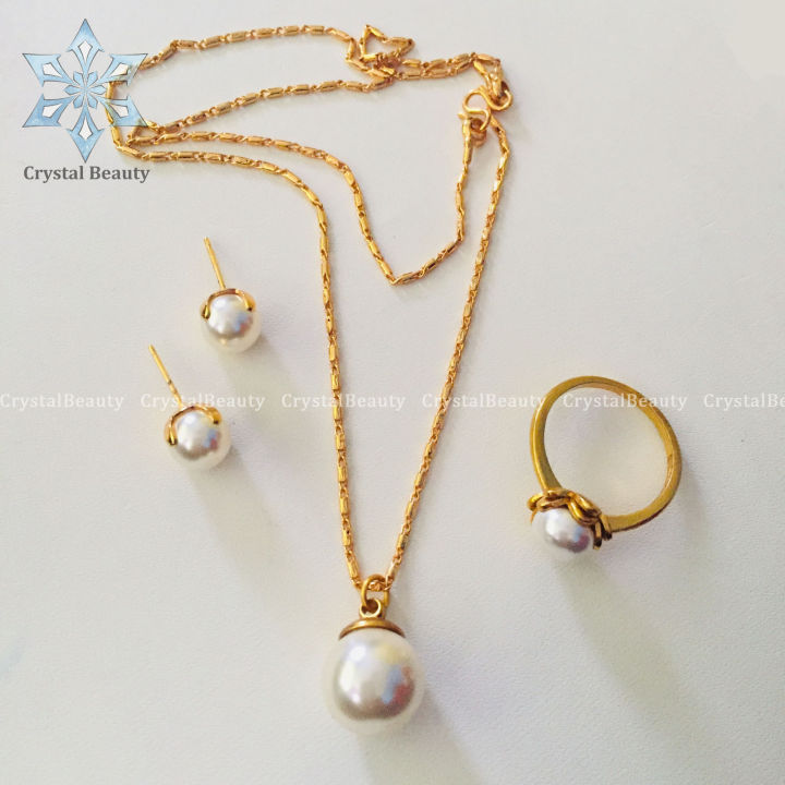 Gold Plated Panchadhatu White Pearl Jewellery Set With 2 Earrings, 1 Ring And Necklace For Women