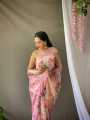 Baby Pink Organza Floral Printed Sarees With Elegant Zari Weaving Rich Pallu And Jacquard Weaving Border Paired With Printed Banglori Silk Blouse. 