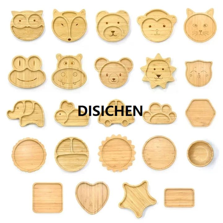 DISICHEN Children's Animal Pattern Bamboo Tableware with Base Suction Cup Baby Feeding Tableware Bamboo Plate Dinner Plate BPA Non-slip Affordable