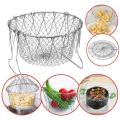Multi-Function Stainless Steel Foldable Fry Basket  Chef Basket Poaching Boiling Deep Frying Basket Fruit Vegetable Rinsing Washing Cook Tool. 