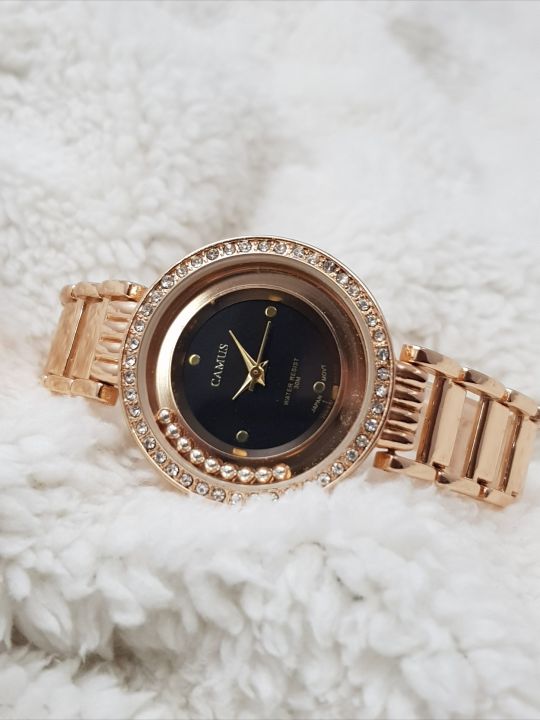 Camus Crystal Surrounded Designed Dial With Full Stainless Steel Body Watch For Women - Gold