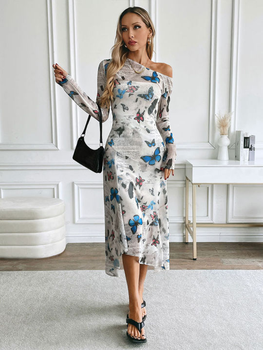Autumn Women Maxi Dresses New Streetwear Fashion Letters Butterfly Print Skew Collar Dress Casual Slim Lady Dress Clothing