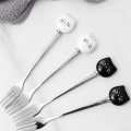 Cute Cats Coffee Spoon and Fork Set, Ceramic Stainless Steel Cats Dessert Spoon Drink Spoons Fruit Fork Easy to Use 14.5cm. 