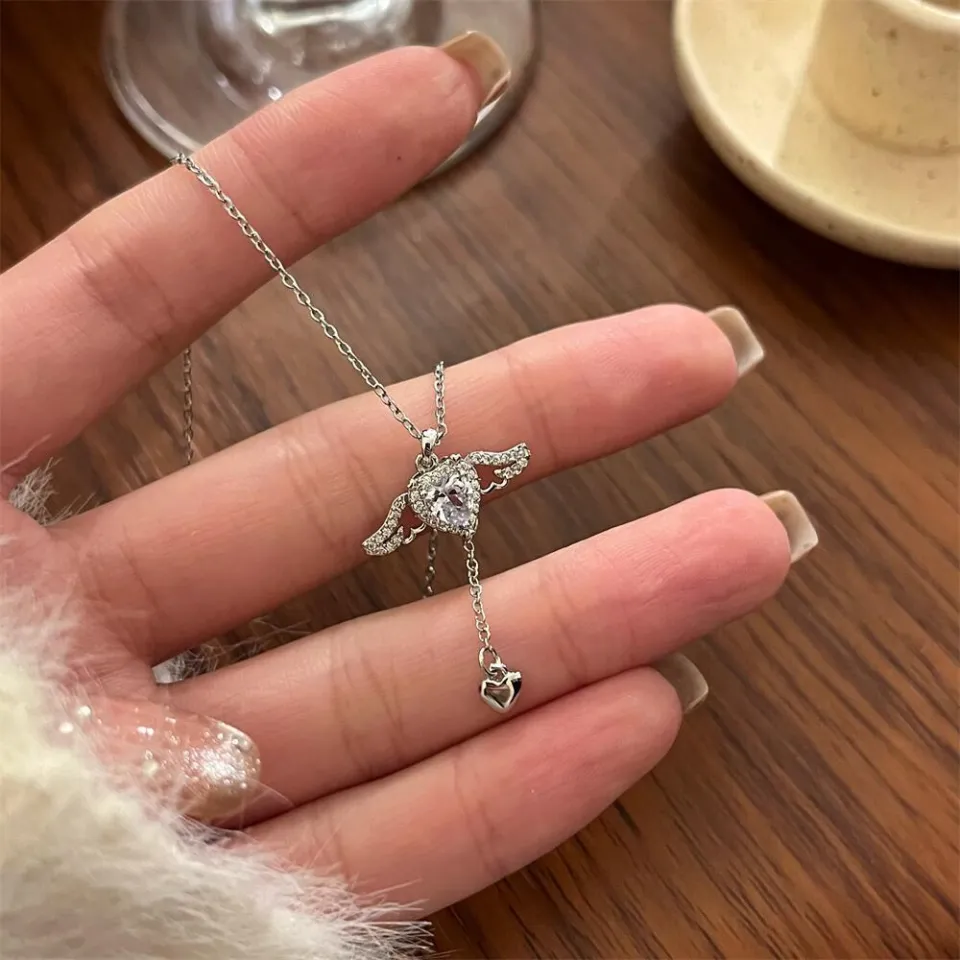 Piece Sterling Silver Love Angel Wings Tassel Clavicle Chain