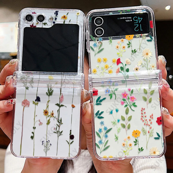 Zhitian Luxury Floral Transparent Folding Phone Case For Samsung Galaxy Z Flip 6 5 4 3 Hard Back Cover For Samsung Galaxy Z Flip6 Flip5 Flip4