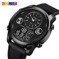SKMEI 1653 Men’s World Time Dual Display Movement LED Electronic Multifunction Leather Strap Watch – Black. 