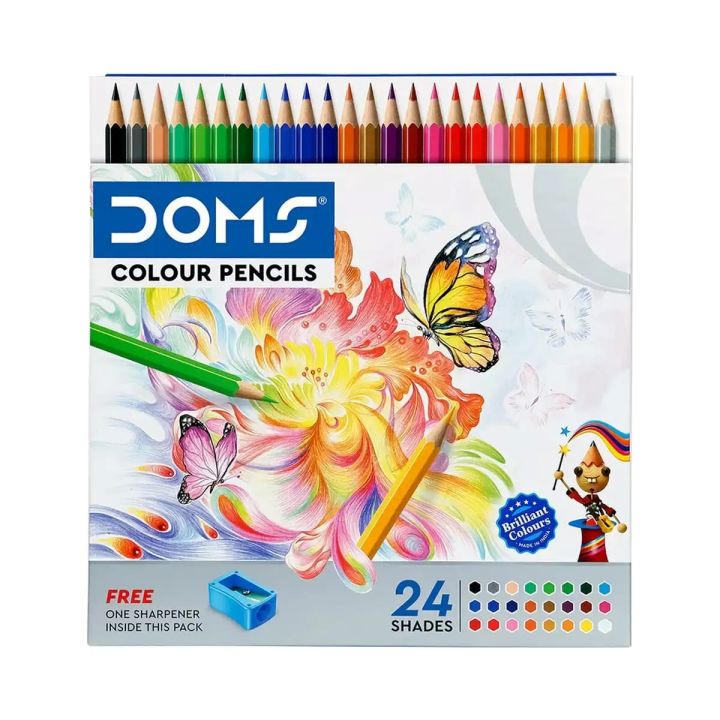 DOMS 24 Shades Color Pencils | Hexagonal Shaped Body For Comfortable Grip | Bright & Playful Colors | Free Sharpner With Each Pack | Non-Toxic & Safe
