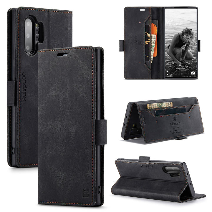 lthmy for Samsung Galaxy Note 10 Plus / Note 10+ Vintage Leather Flip Cover Stand Magnetic Closure Shockproof Protective Case