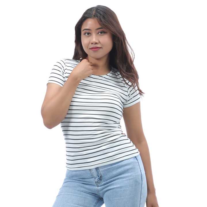 White%20Color%20Cotton%20Round%20Neck%20Half%20Sleeves%20Lining%20Design%20T-Shirt%20For%20Women%20-%20Image%204