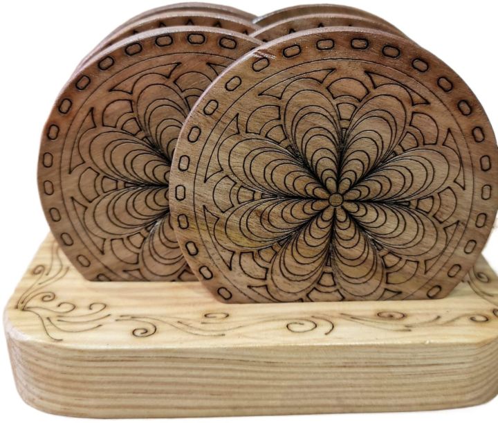 Wooden Tea Coasters With Holder Set of 6 piece